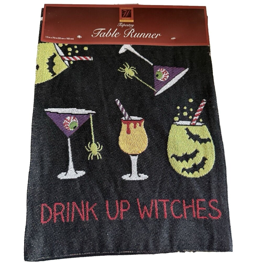 Halloween Tapestry Table Runner Drink Up Witches Cocktails Spiders Bats 13x72